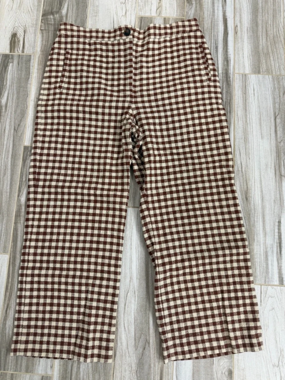 Sezane Martin Cropped Trousers (ecru/brown gingham)